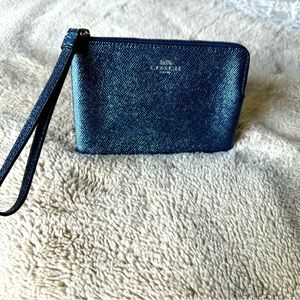 New COACH Metallic Navy Corner Zip Wristlet
